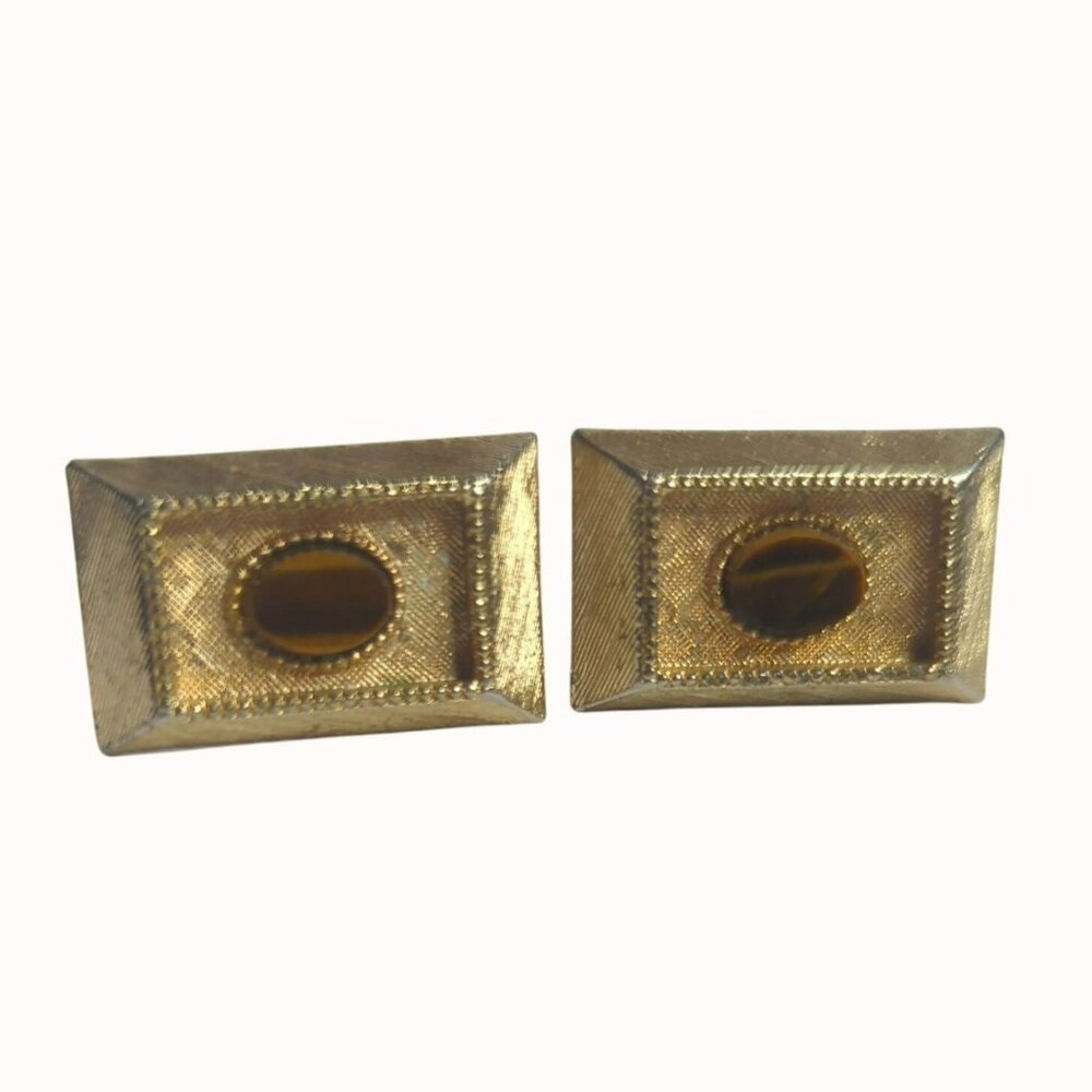 Vintage Mid Century Gold Tone Tigers Eye Rectangular Cufflinks